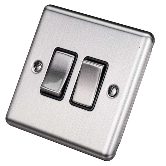 Eurolite 10A 2 Gang 2 Way Light Switch Black Insert Satin Stainless Steel