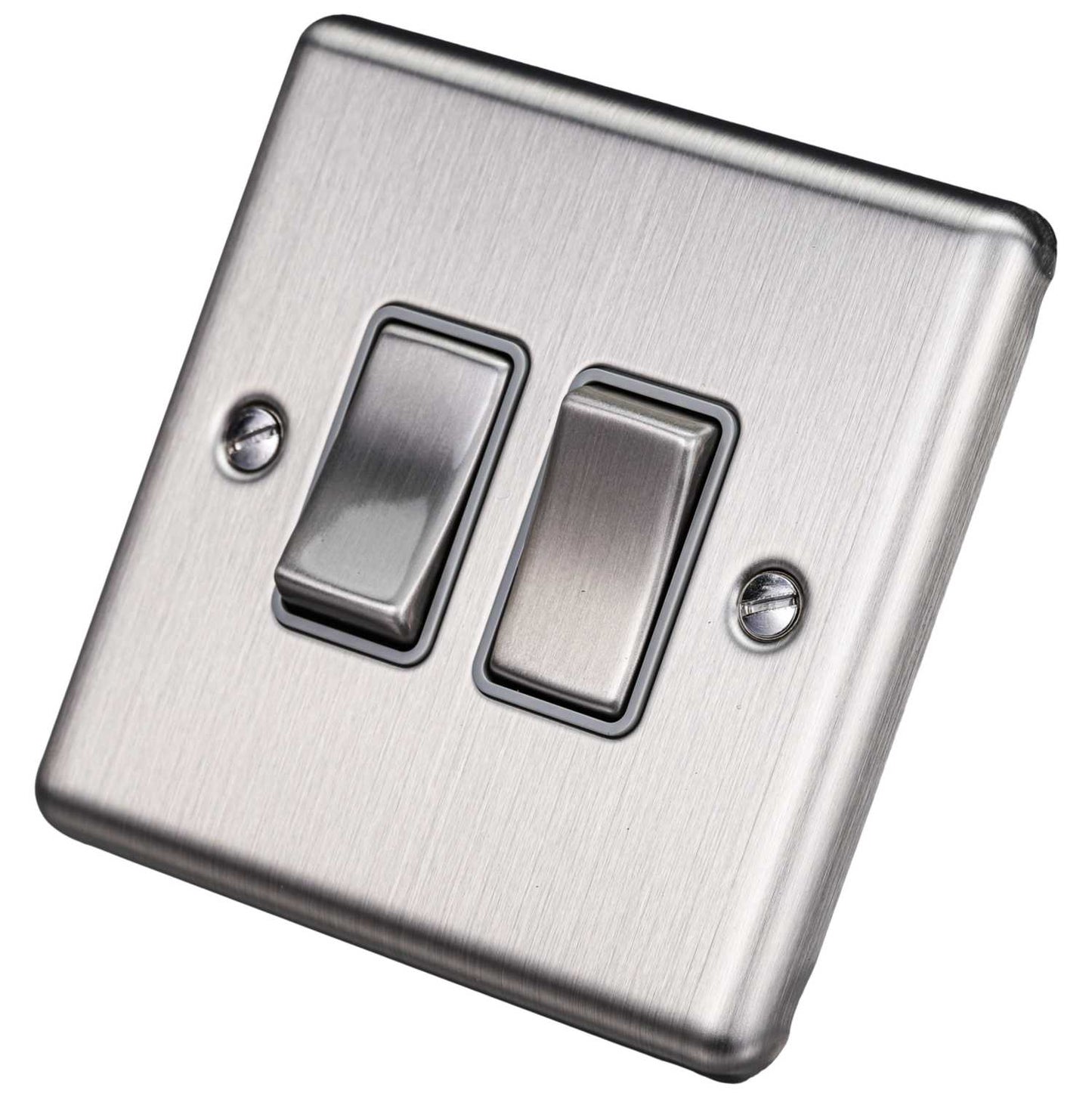 Eurolite 10A 2 Gang 2 Way Light Switch Grey Insert Satin Stainless Steel