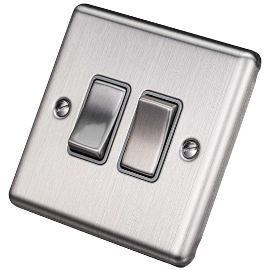 Eurolite 10A 2 Gang 2 Way Light Switch Grey Insert Satin Stainless Steel