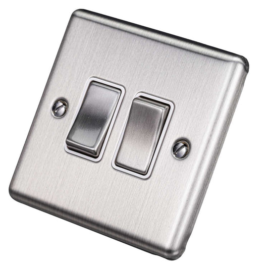 Eurolite 10A 2 Gang 2 Way Light Switch White Insert Satin Stainless Steel