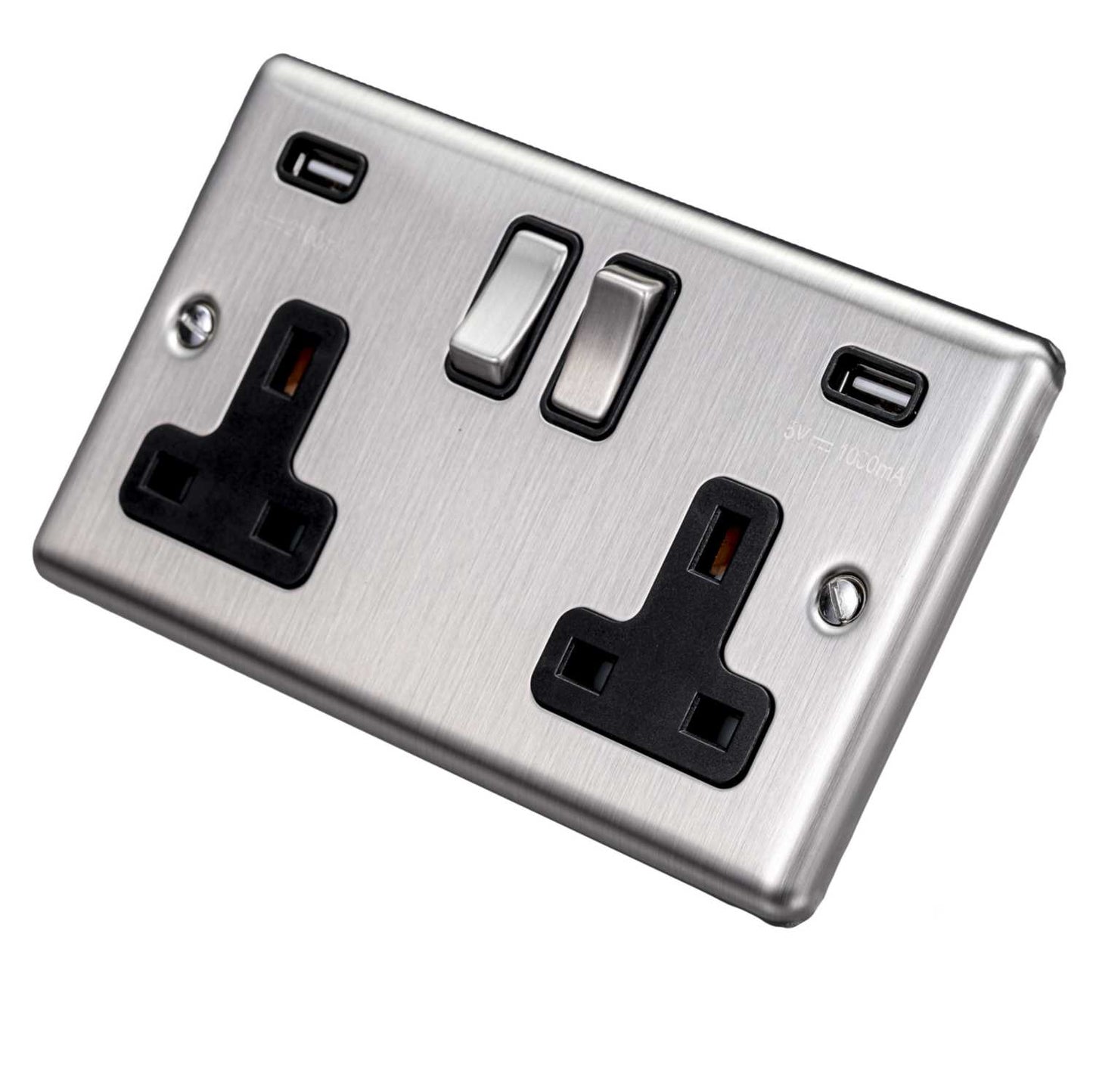 Eurolite 13A 2 Gang Switched Socket with Twin USB Black Insert Satin Stainless Steel