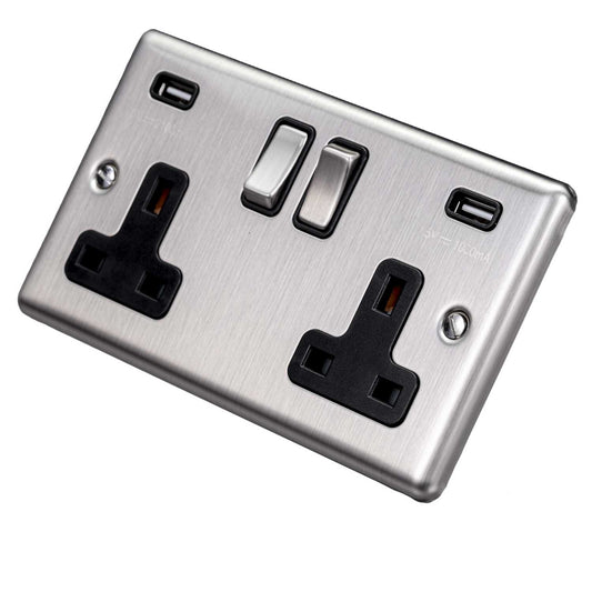 Eurolite 13A 2 Gang Switched Socket with Twin USB Black Insert Satin Stainless Steel