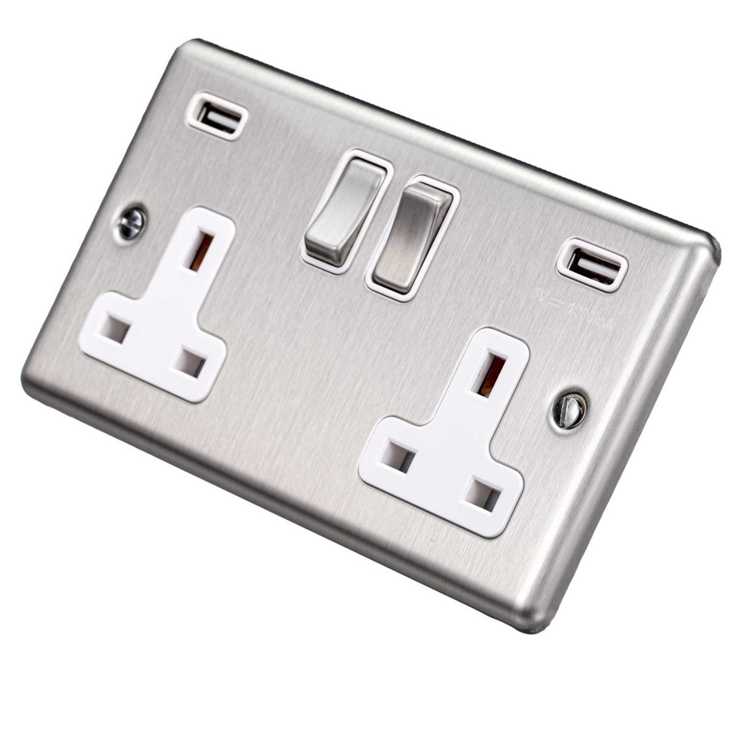 Eurolite 13A 2 Gang Switched Socket with Twin USB White Insert Satin Stainless Steel