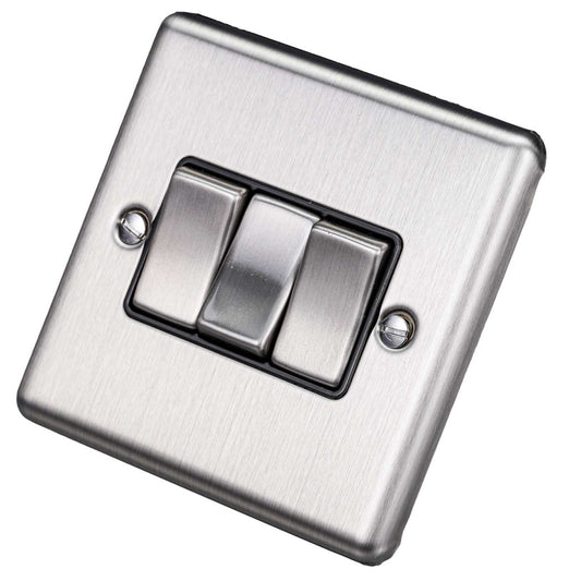 Eurolite 10A 3 Gang 2 Way Light Switch Black Insert Satin Stainless Steel