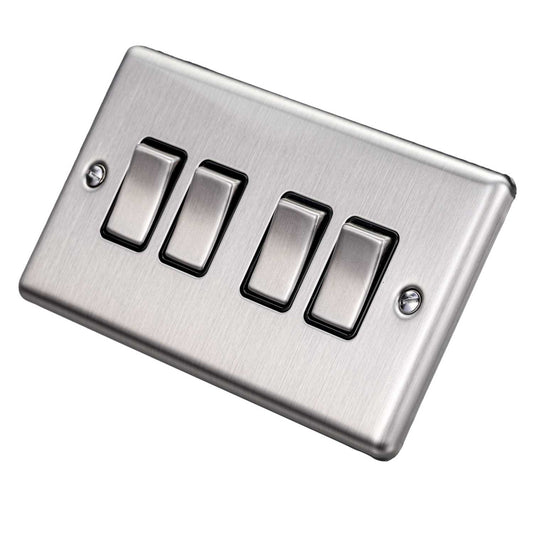 Eurolite 10A 4 Gang 2 Way Light Switch Black Insert Satin Stainless Steel