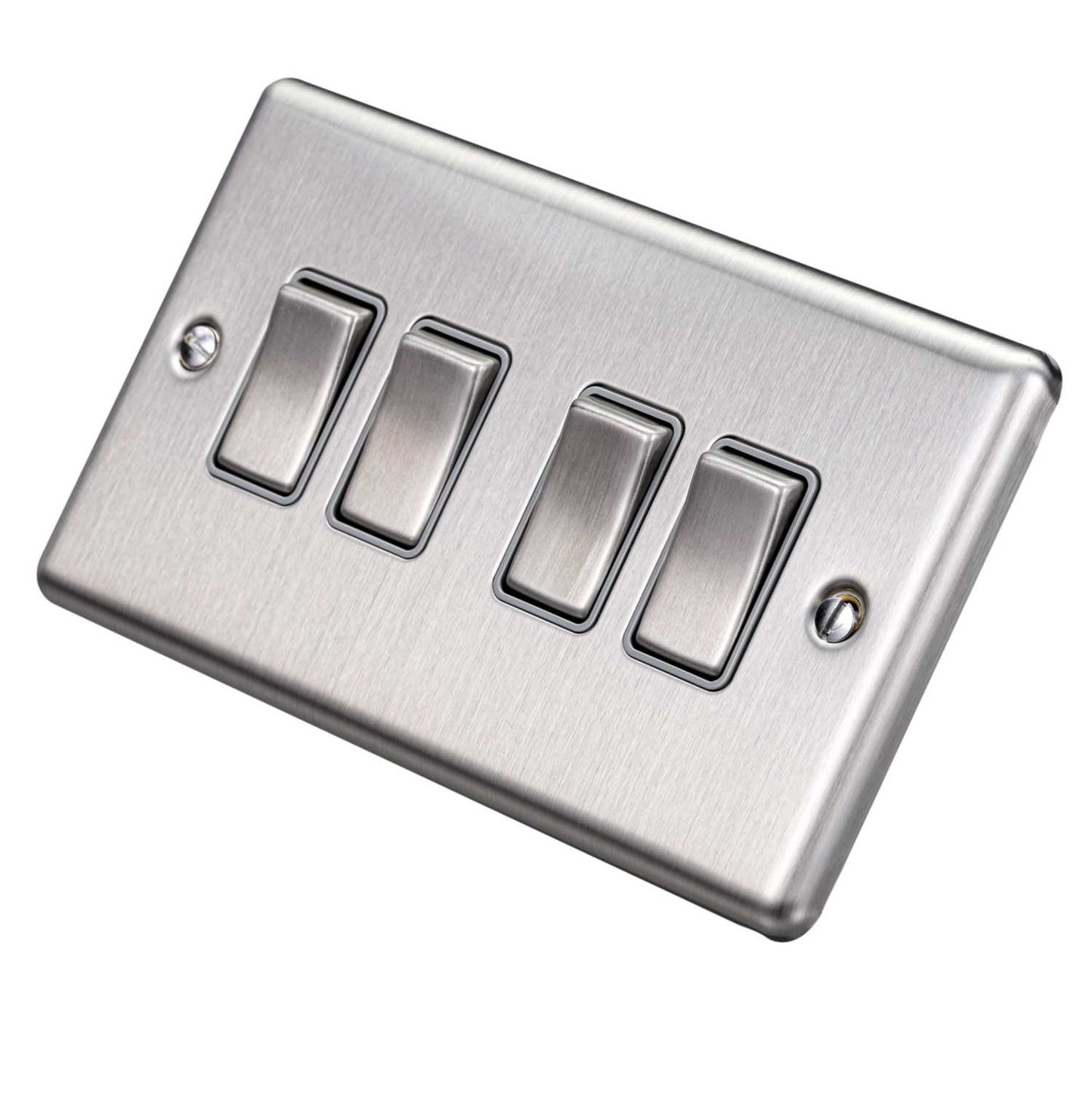 Eurolite 10A 4 Gang 2 Way Light Switch Grey Insert Satin Stainless Steel