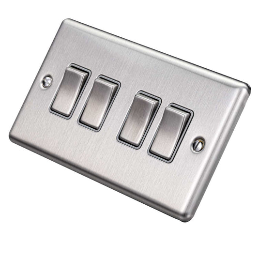 Eurolite 10A 4 Gang 2 Way Light Switch Grey Insert Satin Stainless Steel