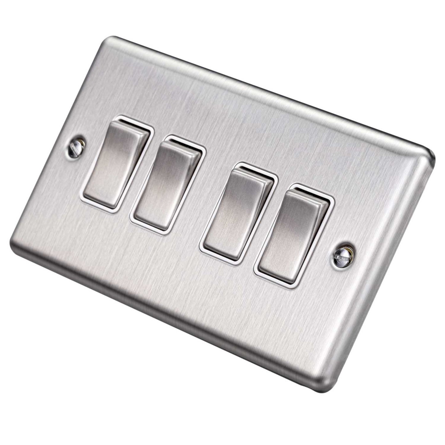 Eurolite 10A 4 Gang 2 Way Light Switch White Insert Satin Stainless Steel