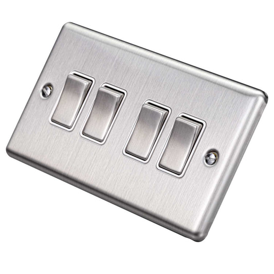 Eurolite 10A 4 Gang 2 Way Light Switch White Insert Satin Stainless Steel