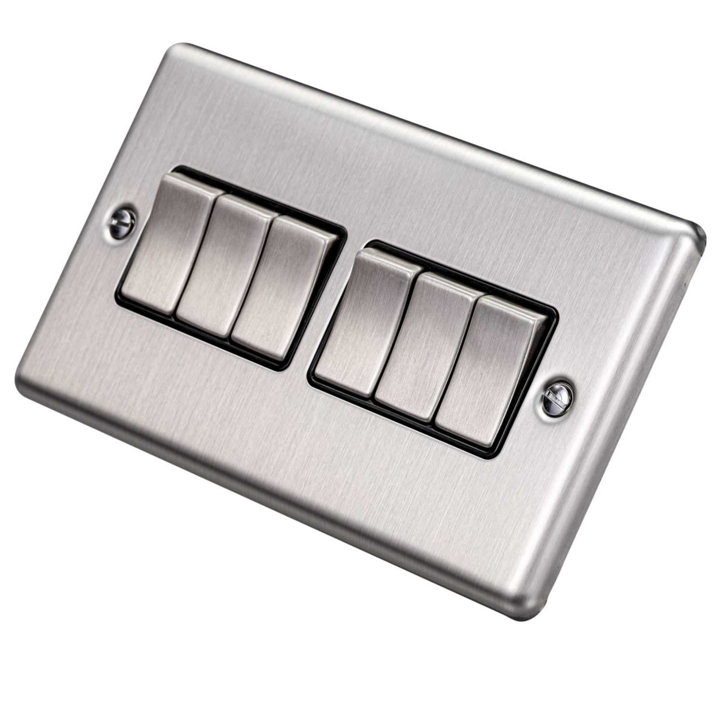 Eurolite 10A 6 Gang 2 Way Light Switch Black Insert Satin Stainless Steel