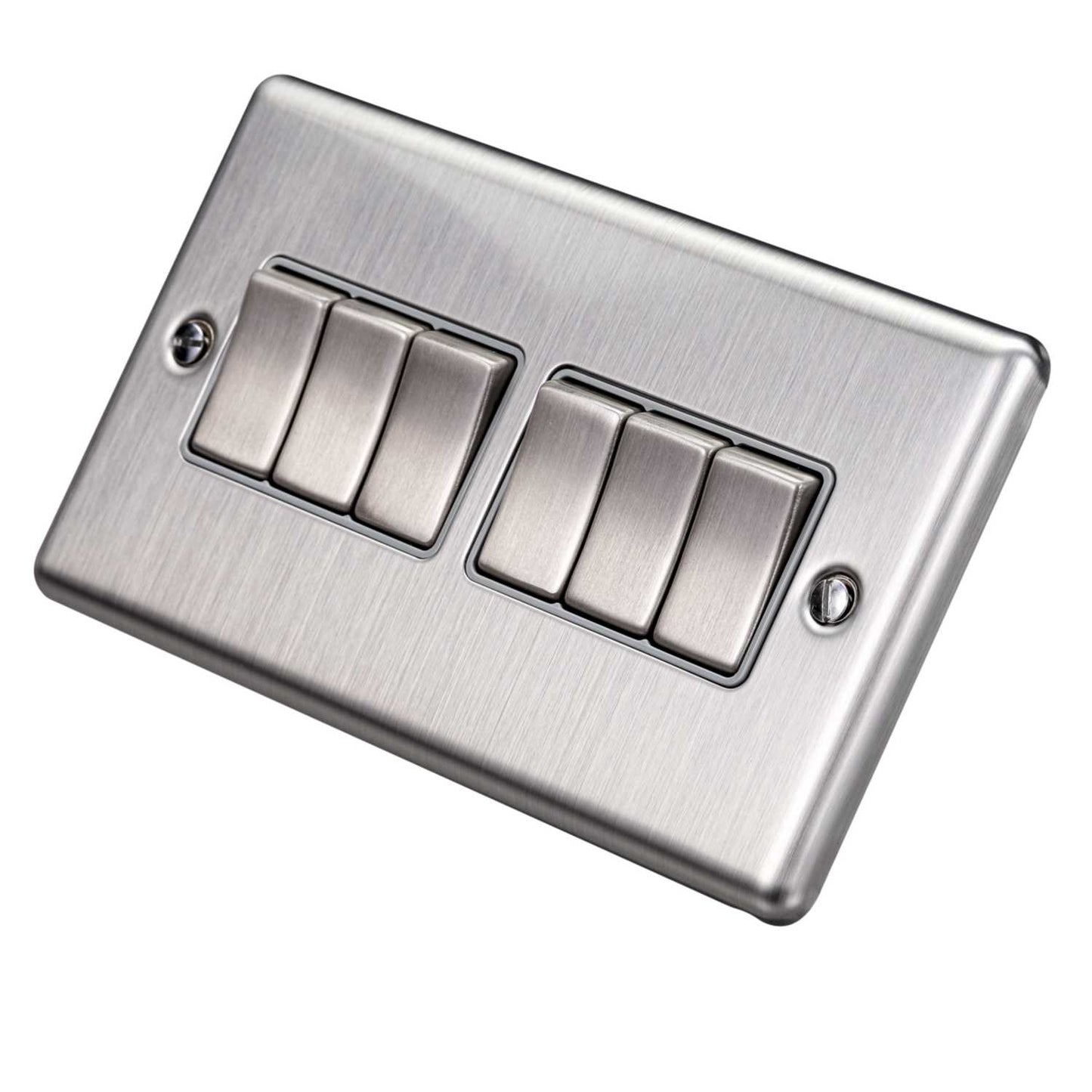 Eurolite 10A 6 Gang 2 Way Light Switch Grey Insert Satin Stainless Steel