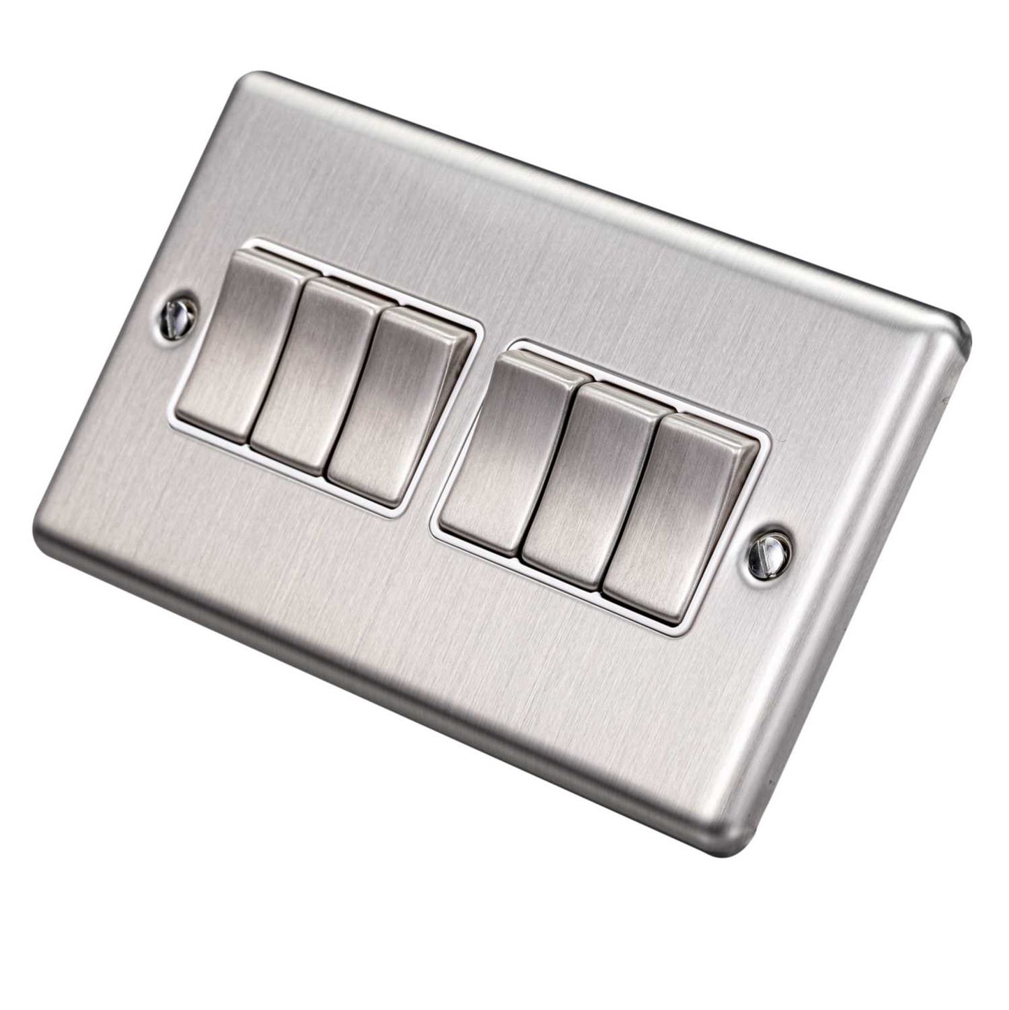 Eurolite 10A 6 Gang 2 Way Light Switch White Insert Satin Stainless Steel