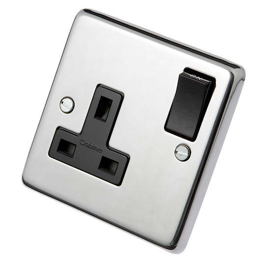 Eurolite 13A DP 1 Gang Switched Socket Black Insert Polished Stainless Steel