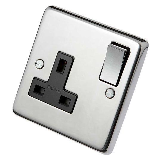 Eurolite 13A DP 1 Gang Switched Socket Metal / Black Insert Polished Stainless Steel