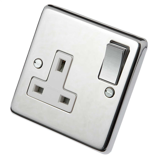 Eurolite 13A DP 1 Gang Switched Socket Metal / White Insert Polished Stainless Steel