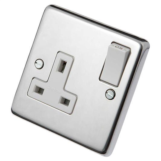 Eurolite 13A DP 1 Gang Switched Socket White Insert Polished Stainless Steel