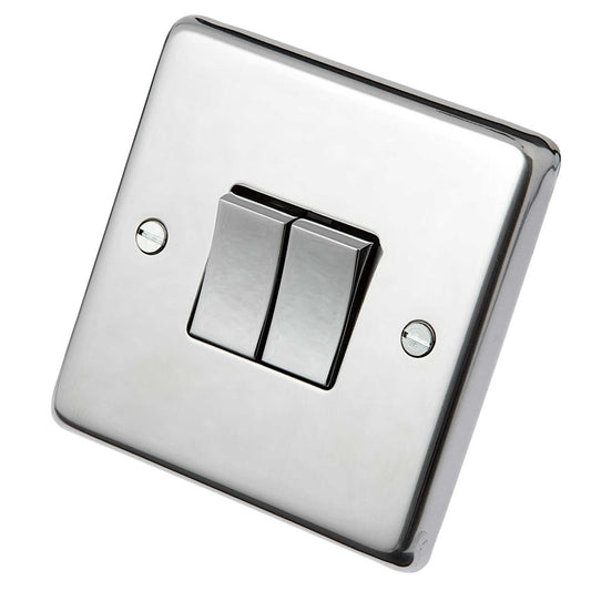Eurolite 10A 2 Gang 2 Way Light Switch Polished Stainless Steel