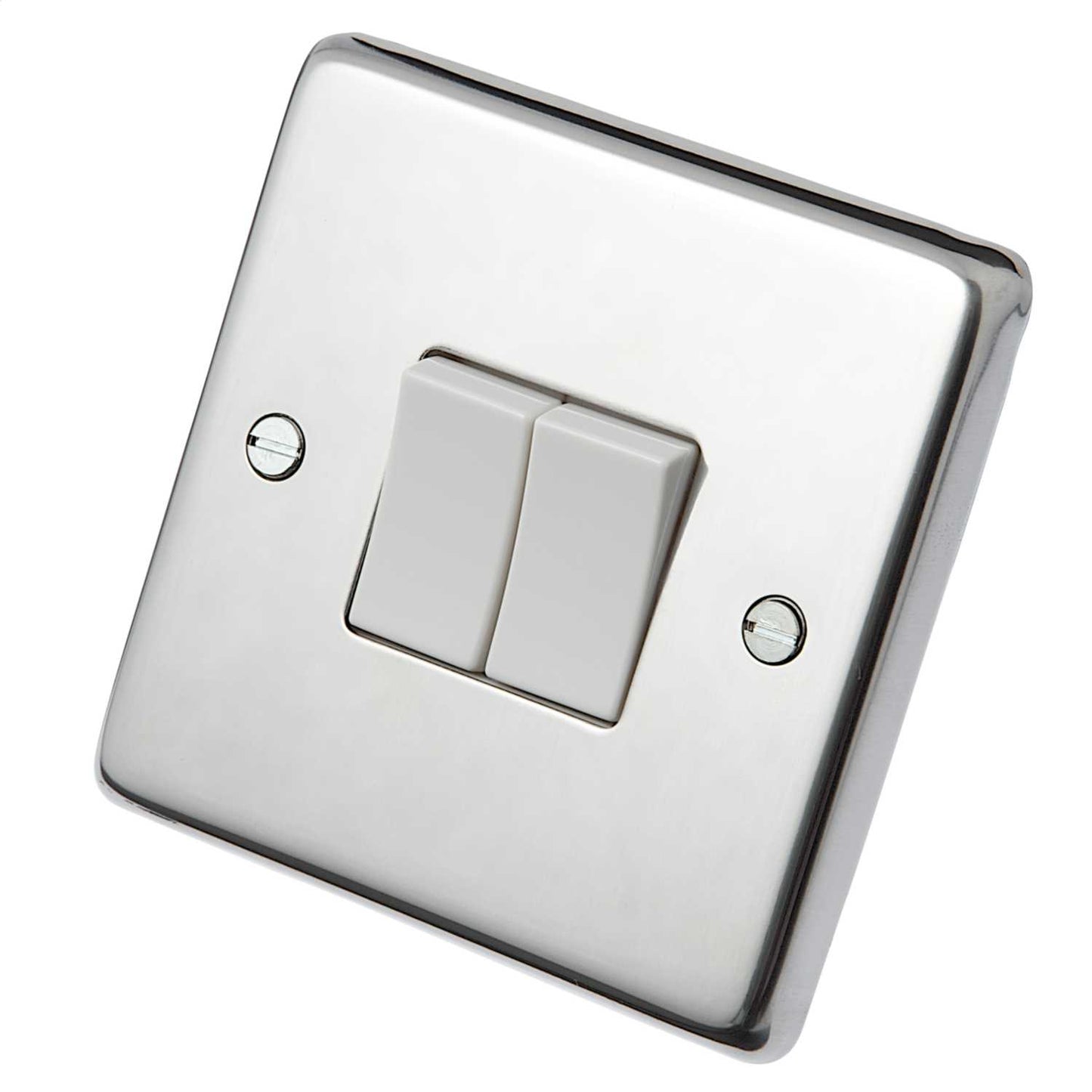 Eurolite 10A 2 Gang 2 Way Light Switch White Insert Polished Stainless Steel
