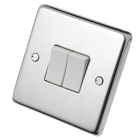 Eurolite 10A 2 Gang 2 Way Light Switch White Insert Polished Stainless Steel