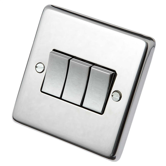 Eurolite 10A 3 Gang 2 Way Light Switch Polished Stainless Steel