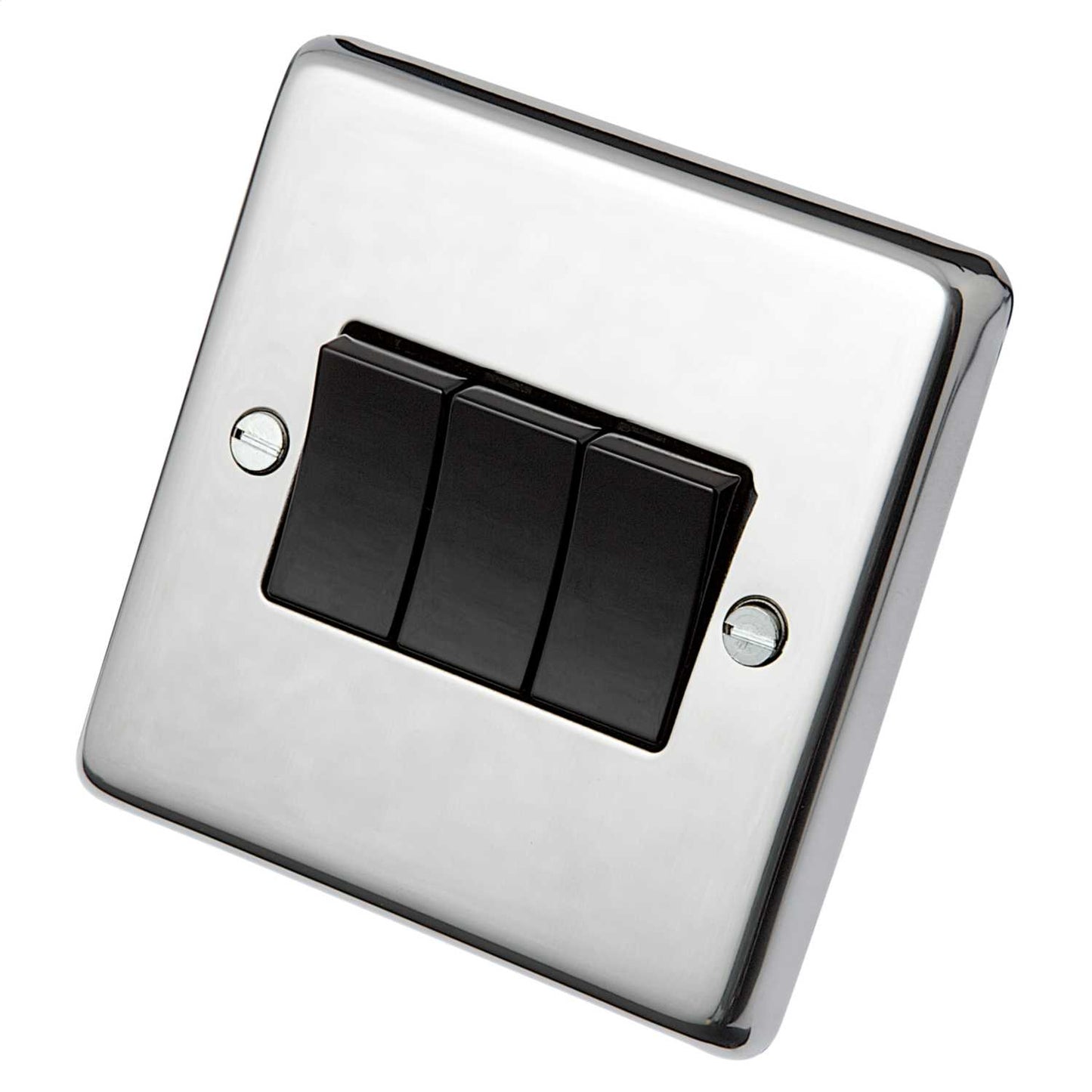 Eurolite 10A 3 Gang 2 Way Light Switch Black Insert Polished Stainless Steel