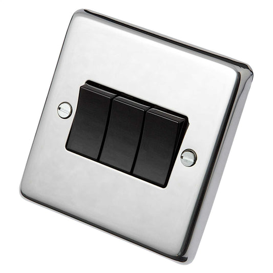 Eurolite 10A 3 Gang 2 Way Light Switch Black Insert Polished Stainless Steel