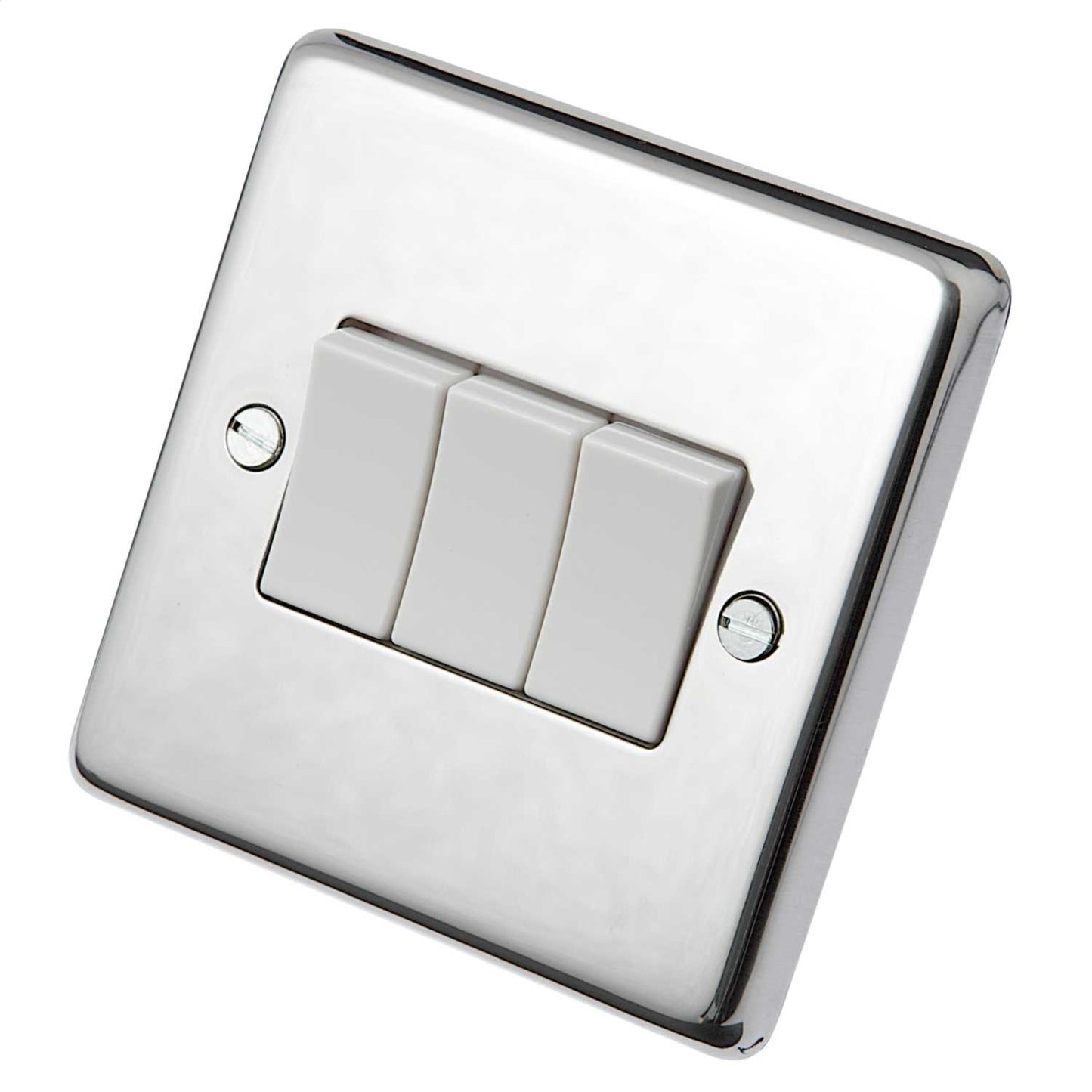 Eurolite 10A 3 Gang 2 Way Light Switch White Insert Polished Stainless Steel