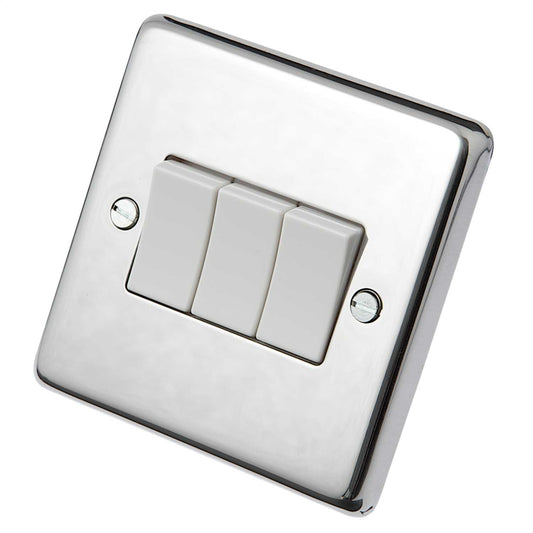 Eurolite 10A 3 Gang 2 Way Light Switch White Insert Polished Stainless Steel