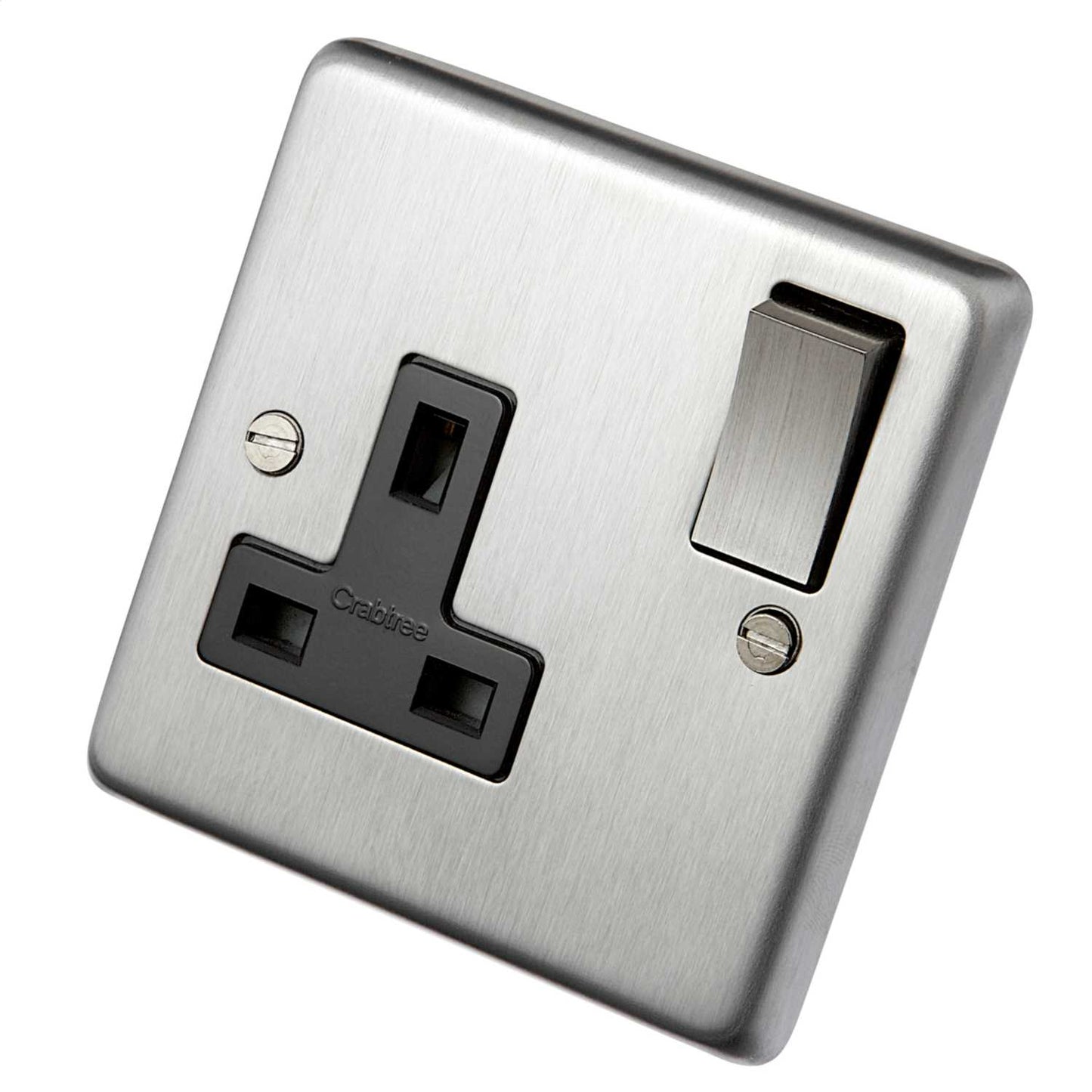 Eurolite 13A DP 1 Gang Switched Socket Metal / Black Insert Satin Stainless Steel