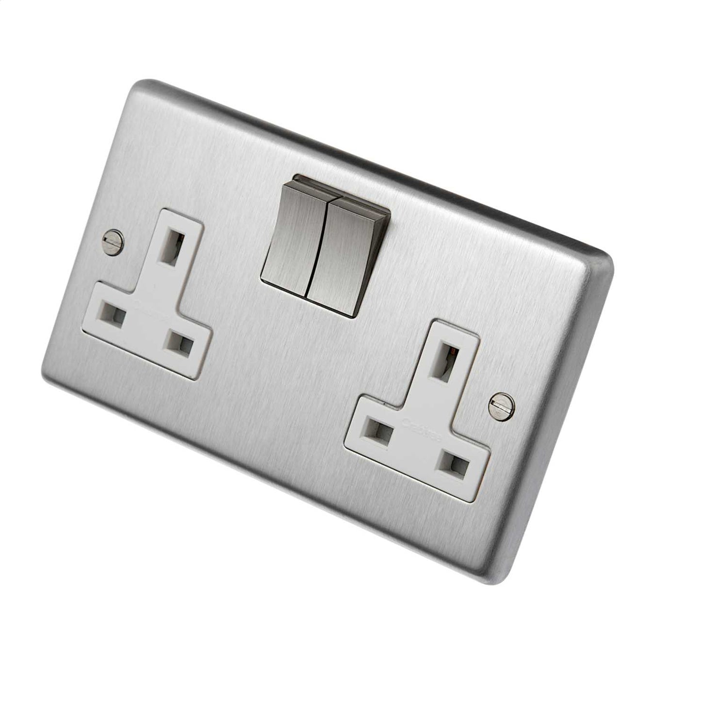 Eurolite 13A DP 2 Gang Switched Socket Metal / White Insert Satin Stainless Steel