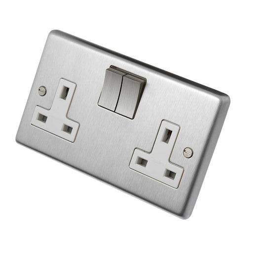Eurolite 13A DP 2 Gang Switched Socket Metal / White Insert Satin Stainless Steel