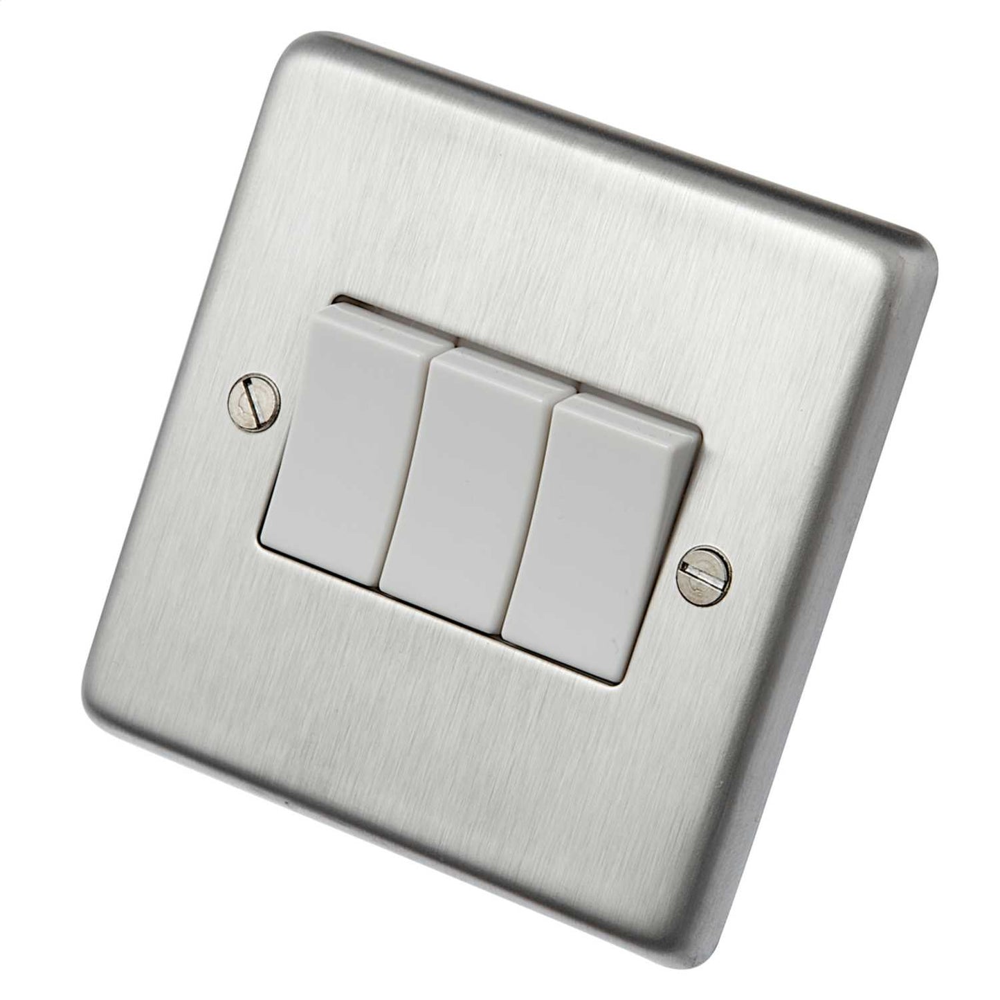 Eurolite 10A 3 Gang 2 Way Light Switch White Insert Satin Stainless Steel