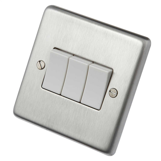 Eurolite 10A 3 Gang 2 Way Light Switch White Insert Satin Stainless Steel