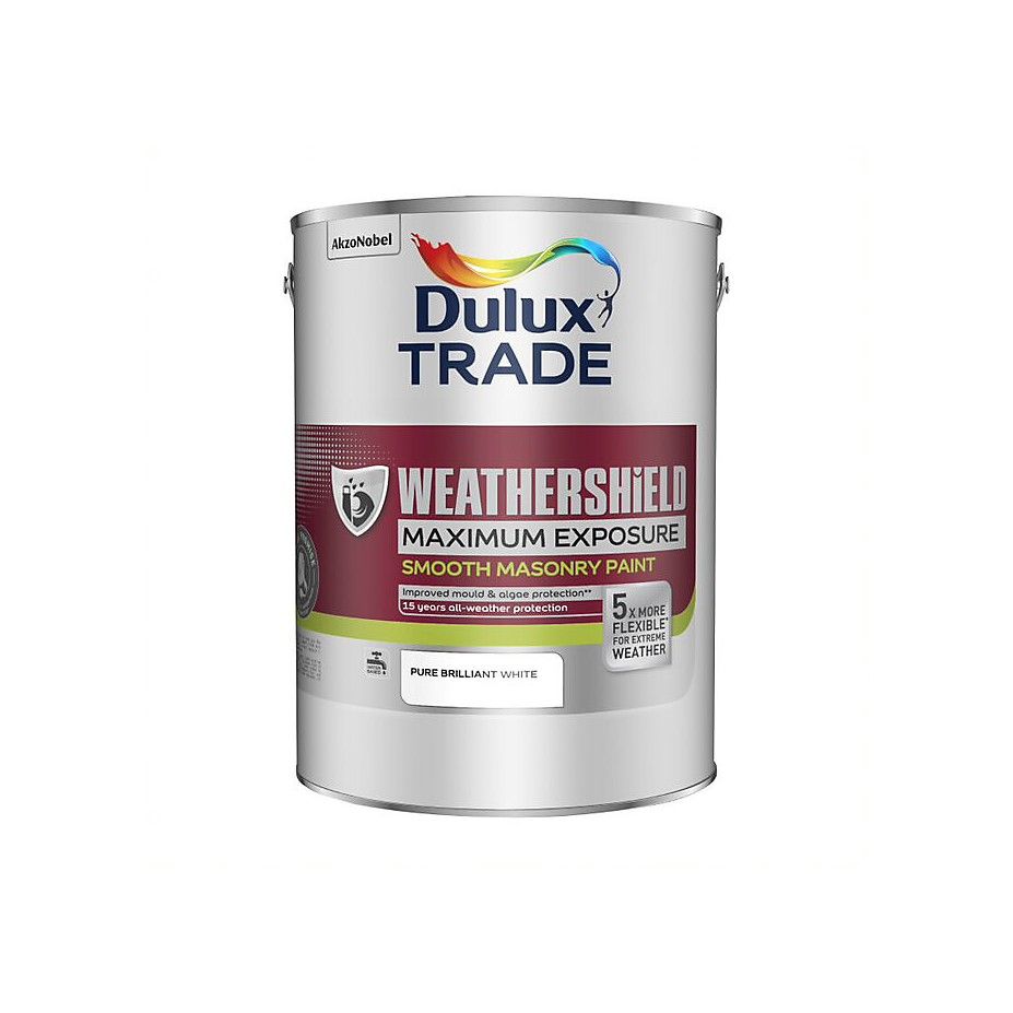 DULUX TRADE WEATHERSHIELD MAXIMUM EXPOSURE MASONRY PAINT 5l PURE BRILLIANT WHITE 5091687