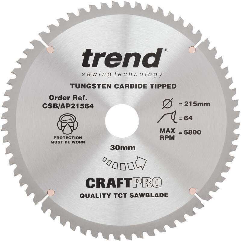 TREND CSB/AP21564 CRAFT SAW BLADE ALUMINIUM AND PLASTIC 215MM X 64T X 30MM