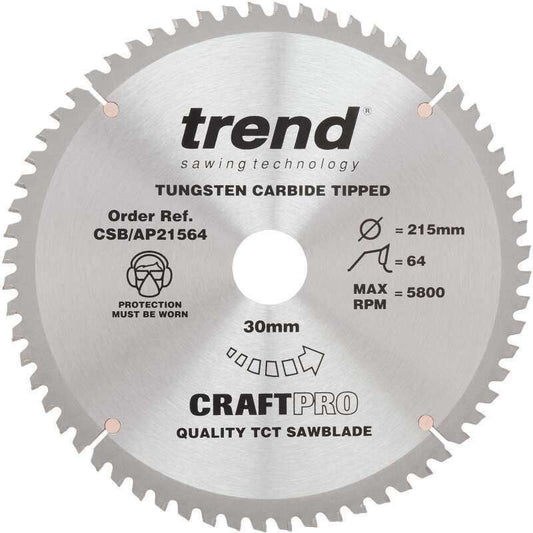 TREND CSB/AP21564 CRAFT SAW BLADE ALUMINIUM AND PLASTIC 215MM X 64T X 30MM