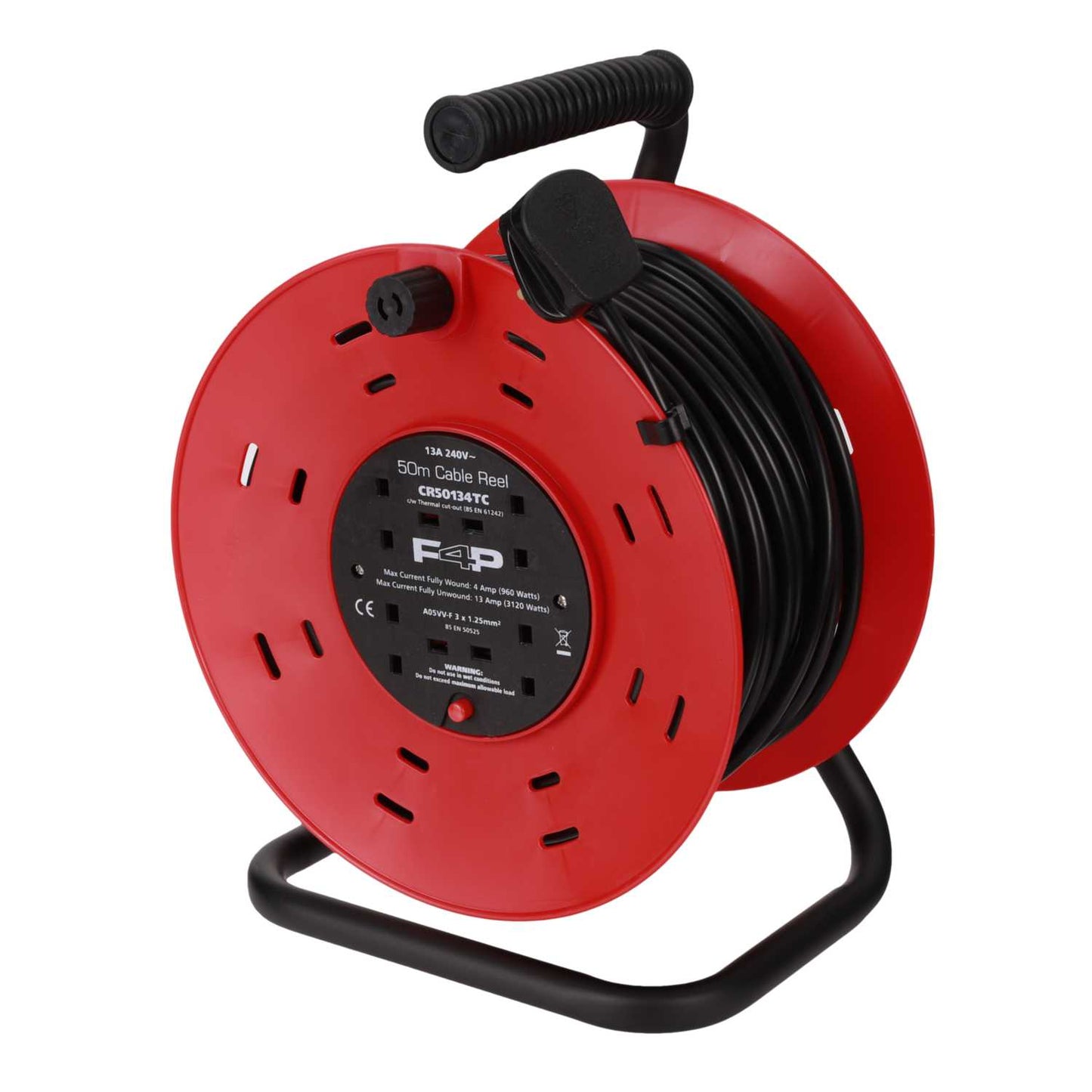F4P 13A 50m 230V 4 Gang Cable Reel Red / Black