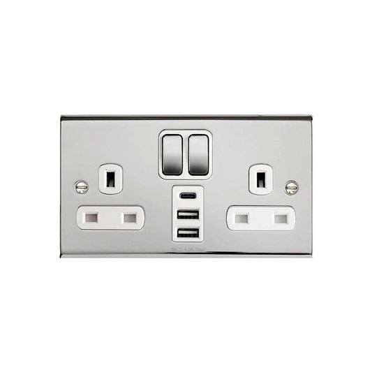 DETA SD1288CHW 2-GANG SWITCHED SOCKET WITH 3 USB PORTS 13a CHROME / WHITE