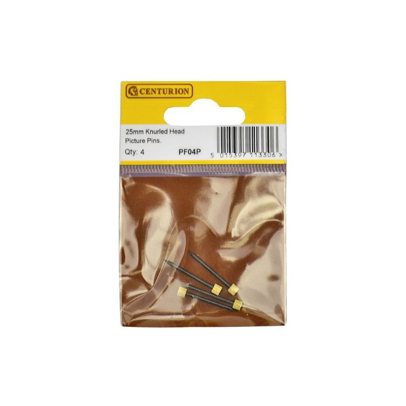 CENTURION PF04P PACK OF 4 KNURLED HEAD PICTURE PINS 25mm BRASS