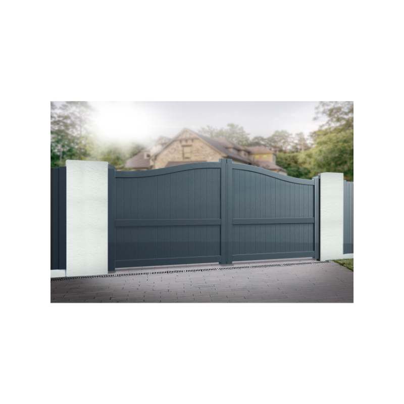 DOUBLE DRIVEWAY GATE CURVED TOP 3500 x 1800mm VERTICAL INFILL GREY RMG004DG-25