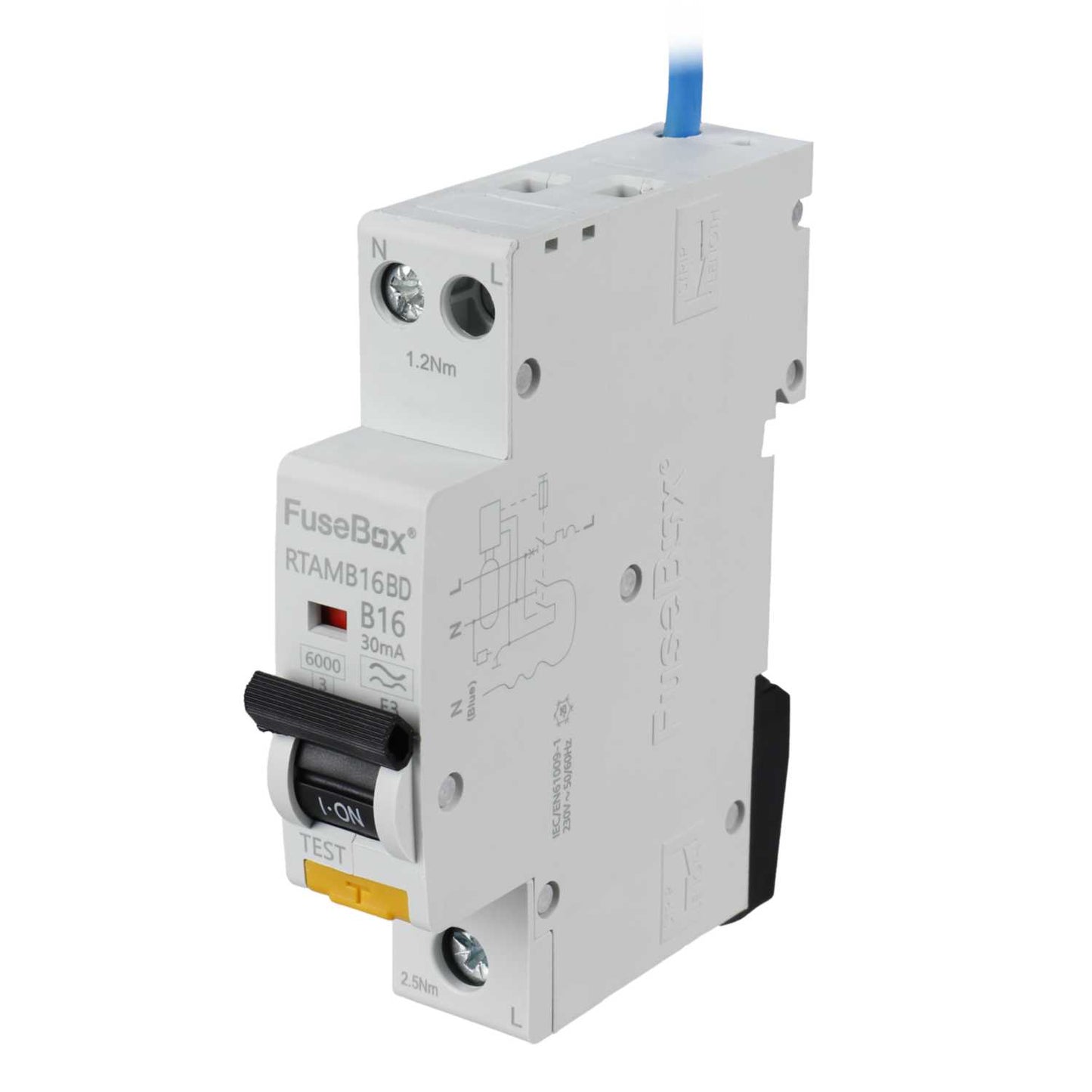 Fusebox 16A 1P+N 1 Module Bidirectional B Curve 6kA 30mA Type A Mini Rcbo