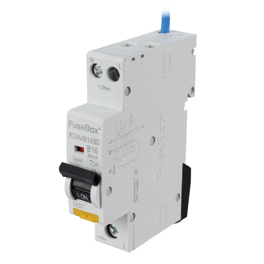 Fusebox 16A 1P+N 1 Module Bidirectional B Curve 6kA 30mA Type A Mini Rcbo
