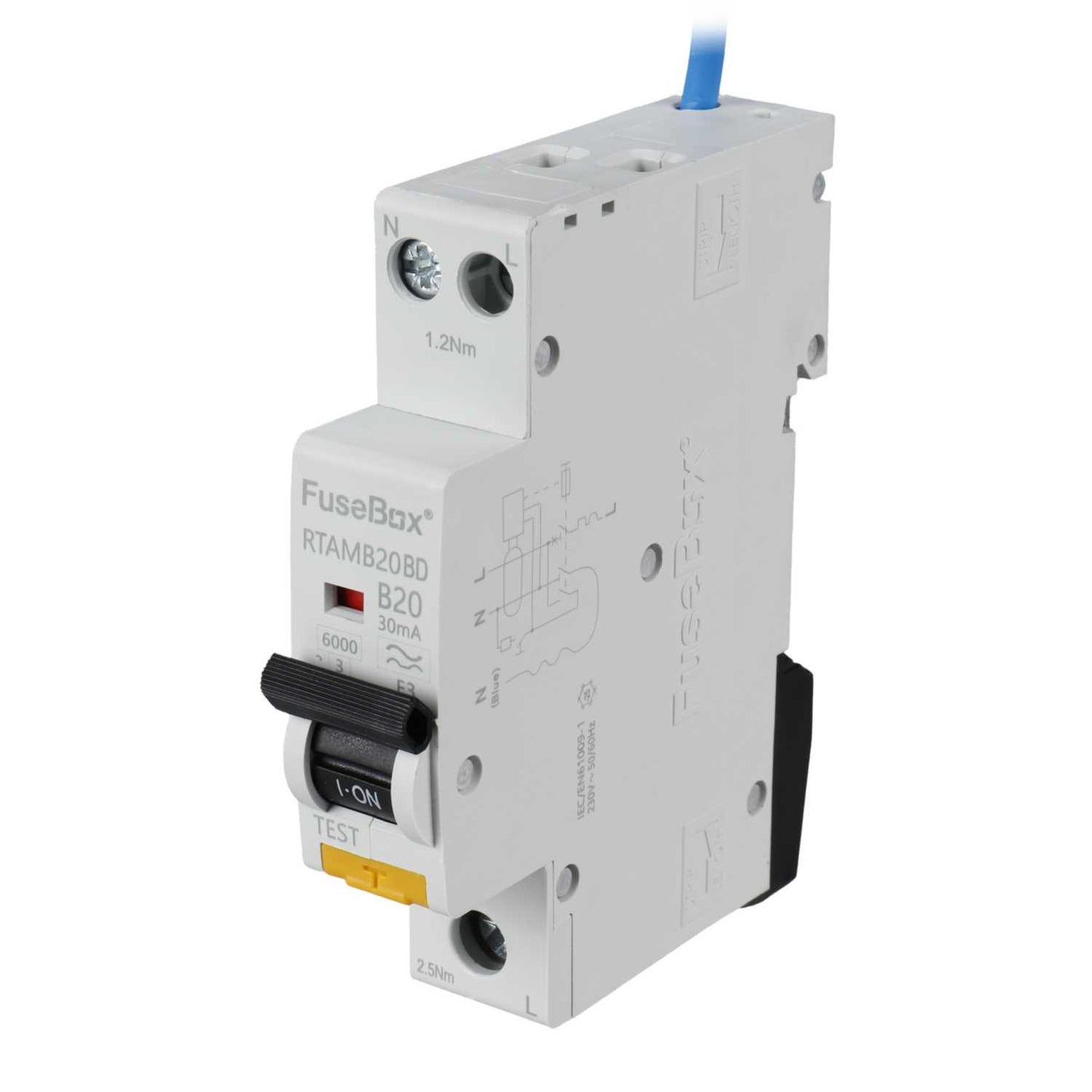 Fusebox 20A 1P+N 1 Module Bidirectional B Curve 6kA 30mA Type A Mini Rcbo