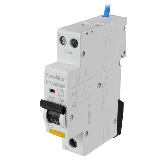 Fusebox 20A 1P+N 1 Module Bidirectional B Curve 6kA 30mA Type A Mini Rcbo