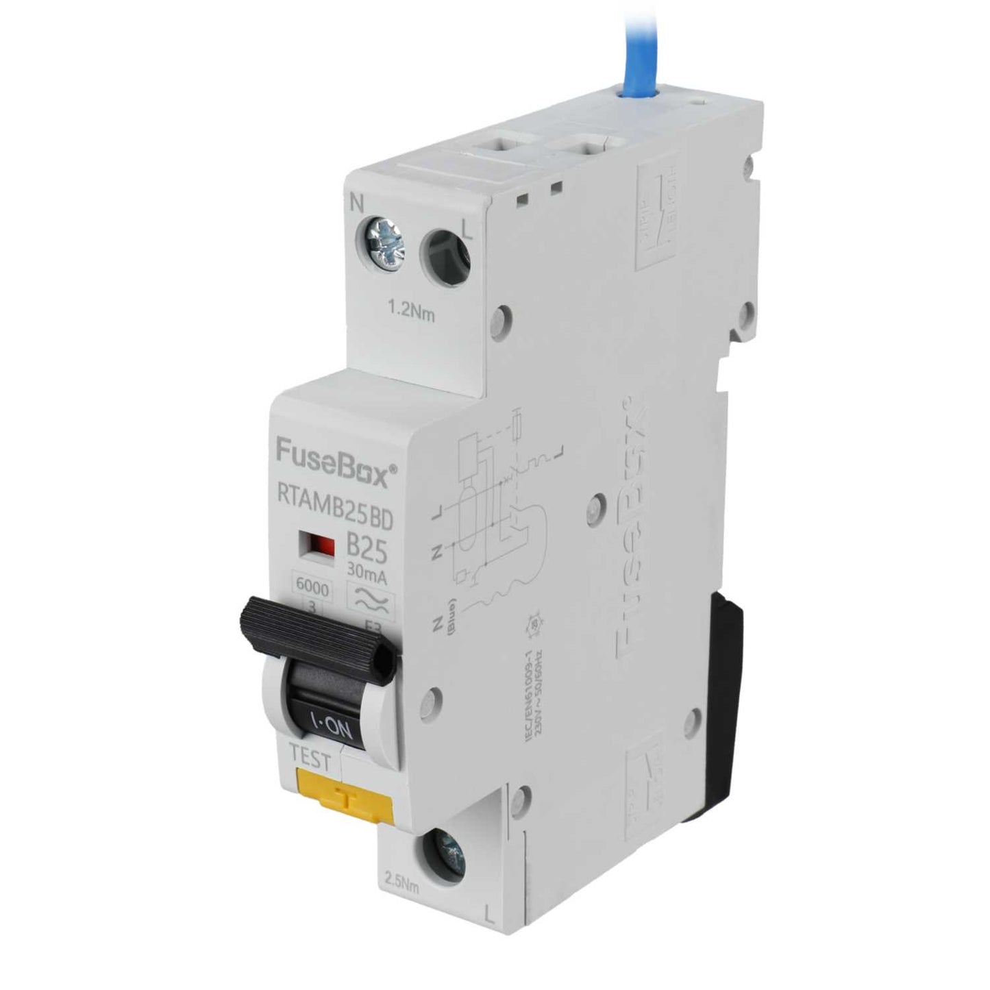 Fusebox 25A 1P+N 1 Module Bidirectional B Curve 6kA 30mA Type A Mini Rcbo