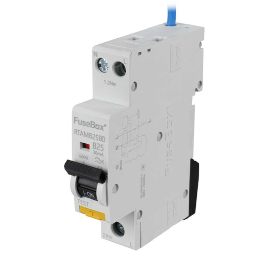 Fusebox 25A 1P+N 1 Module Bidirectional B Curve 6kA 30mA Type A Mini Rcbo