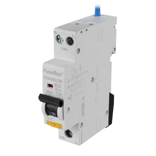 Fusebox 32A 1P+N 1 Module Bidirectional B Curve 6kA 30mA Type A Mini Rcbo