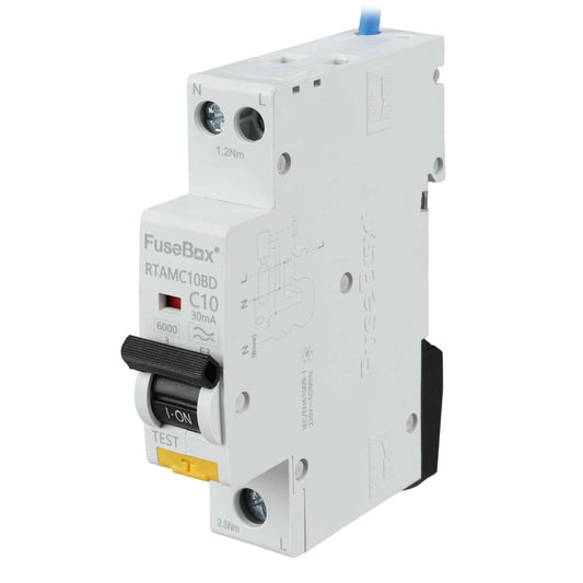 Fusebox 10A 1P+N 1 Module Bidirectional C Curve 6kA 30mA Type A Mini Rcbo