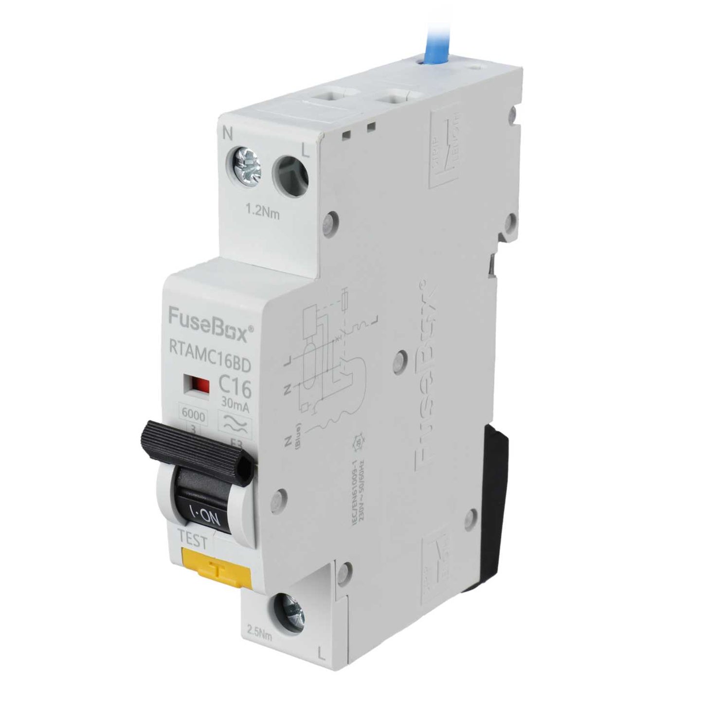 Fusebox 16A 1P+N 1 Module Bidirectional C Curve 6kA 30mA Type A Mini Rcbo