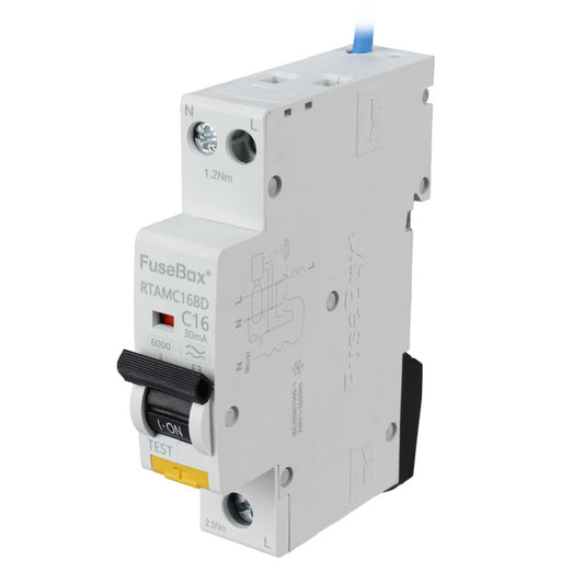 Fusebox 16A 1P+N 1 Module Bidirectional C Curve 6kA 30mA Type A Mini Rcbo
